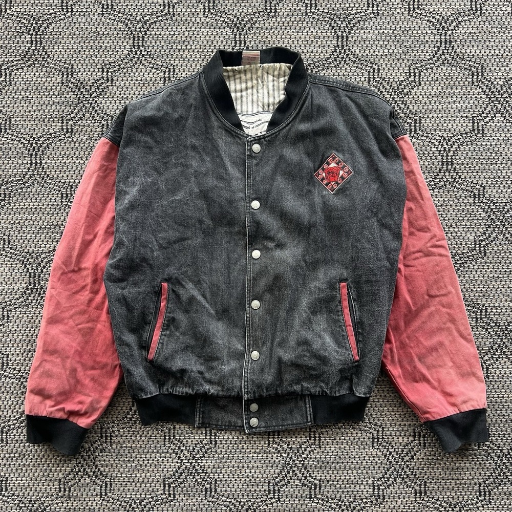 Vintage Red Dog‎ Jacket Men's Large Red Black Bomber Beer Denim Embroidered 90s